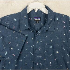 Patagonia Button Up Shirt Mens Medium Short Sleeve Blue All Over Print Pocket